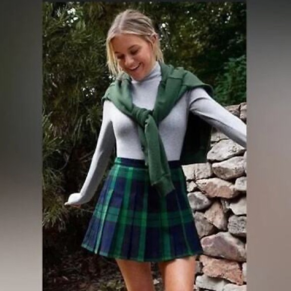 Aerie Pleated Plaid Mini Skirt Green/Blue Small - Picture 1 of 9
